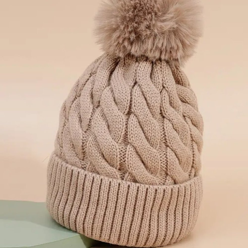 Adult Solid Color Fur Ball Beanie Hat Winter Warm Knitted Khaki Hat